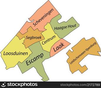 Pastel flat vector administrative map of THE HAGUE, NETHERLANDS with name tags and black border lines of its districts