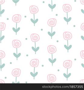 Pastel flower seamless pattern vector illustration. Background with spiral flowers and dots. Template for wallpaper, kids room, textiles and packaging. Delicate baby pattern.. Pastel flower seamless pattern vector illustration.