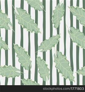 Pastel green leaf silhouttes random seamless pattern. Striped background. Botanic nature print. Decorative backdrop for fabric design, textile print, wrapping, cover. Vector illustration.. Pastel green leaf silhouttes random seamless pattern. Striped background. Botanic nature print.
