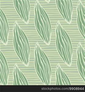 Pastel green leafs seamless hand drawn pattern. Stylized outline ornament with stripped background. Perfect for wallpaper, textile, wrapping paper, fabric print. Vector illustration.. Pastel green leafs seamless hand drawn pattern. Stylized outline ornament with stripped background.