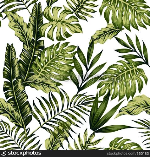 Pastel green tropical jungle leaves palm banana white background seamless pattern composition