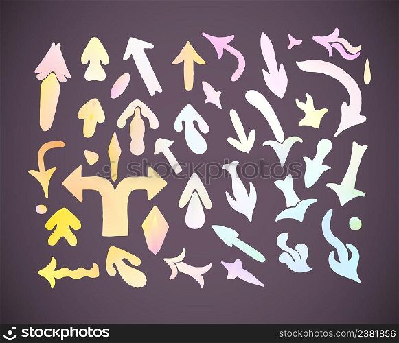 Pastel hand drawn doodle sketch arrows. Arrows set made by hand. Trendy vector arrow design elements in pastel colors.. Set of hand vector drawing colorful pastel arrows.