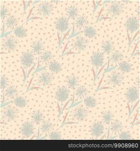 Pastel light seamless pattern with hand drawn soft blue dandelions. Pink background with dots. Floral print. Great for wrapping paper, textile, fabric print and wallpaper. Vector illustration.. Pastel light seamless pattern with hand drawn soft blue dandelions. Pink background with dots. Floral print.