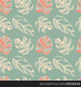 Pastel palette seamless doodle pattern with monstera silhouettes. Light turquoise background with pink floral elements. Designed for wallpaper, textile, wrapping paper, fabric. Vector illustration.. Pastel palette seamless doodle pattern with monstera silhouettes. Light turquoise background with pink floral elements.