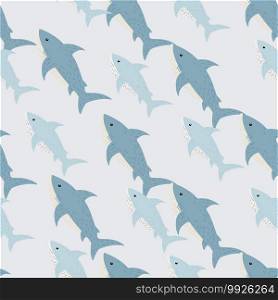 Pastel palette seamless pattern with blue shark hand drawn ornament. Light grey background. Decorative backdrop for fabric design, textile print, wrapping, cover. Vector illustration.. Pastel palette seamless pattern with blue shark hand drawn ornament. Light grey background.