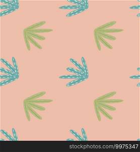 Pastel palette seamless pattern with green and blue colored foliage print. Pink background. Simple style. Decorative backdrop for fabric design, textile print, wrapping, cover. Vector illustration. Pastel palette seamless pattern with green and blue colored foliage print. Pink background. Simple style.