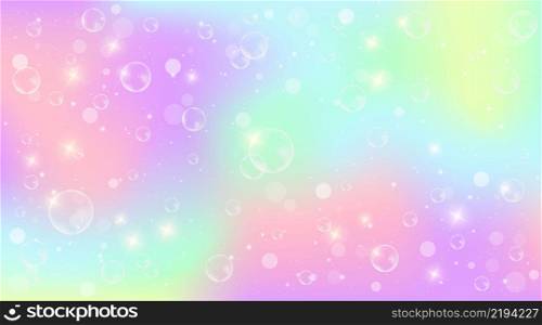 Pastel rainbow background with soap bubbles. Fantasy neon unicorn pattern. Bright multicolored sky with stars. Vector illustration. Pastel rainbow background with soap bubbles. Fantasy neon unicorn pattern. Bright multicolored sky with stars. Vector illustration.