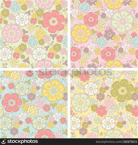 Pastel seamless floral pattern in four color combinations