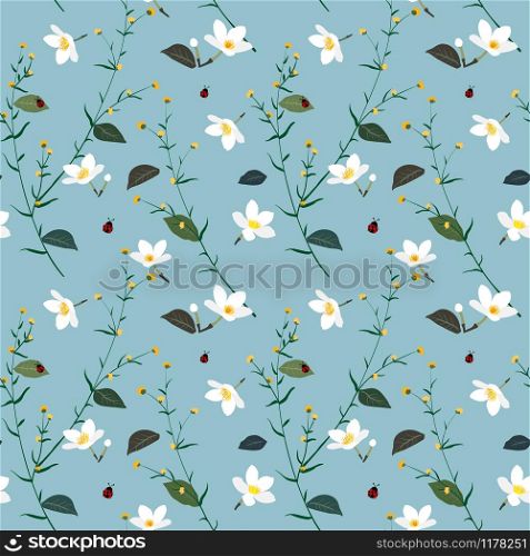 Pastel seamless pattern with wild flower on soft blue background,vector illustration