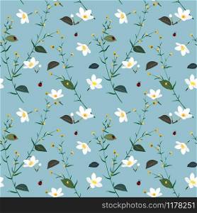 Pastel seamless pattern with wild flower on soft blue background,vector illustration