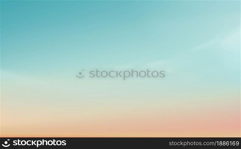 Pastel Sky in blue, orange, peach, light green colour Background, Dramatic twilight landscape with Sunset in evening,Vector horizon Sunrise in Morning banner of Sunlight for four season backdrop