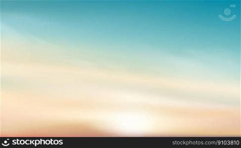 Pastel Sky in blue,orange,yellow, ight green colour Background,Dramatic twilight landscape with Sunset in evening,Vector horizon Sunrise in Morning banner of Sunlight for four season backdrop