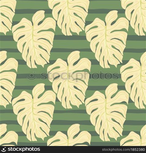 Pastel tones foliage tropic seamless pattern with light beige palm monstera print. Green striped background. Decorative backdrop for fabric design, textile print, wrapping, cover. Vector illustration.. Pastel tones foliage tropic seamless pattern with light beige palm monstera print. Green striped background.
