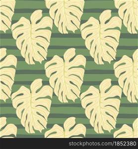 Pastel tones foliage tropic seamless pattern with light beige palm monstera print. Green striped background. Decorative backdrop for fabric design, textile print, wrapping, cover. Vector illustration.. Pastel tones foliage tropic seamless pattern with light beige palm monstera print. Green striped background.