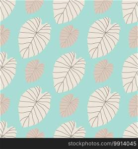 Pastel tones seamless botanic pattern with beige colored leaf silhouettes. Blue background. Designed for wallpaper, textile, wrapping paper, fabric print. Vector illustration.. Pastel tones seamless botanic pattern with beige colored leaf silhouettes. Blue background.