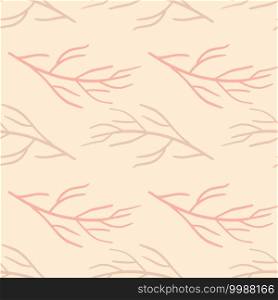 Pastel tones seamless botanic pattern with simple branches silhouettes print. Pink light palette backdrop. Decorative backdrop for fabric design, textile print, wrapping, cover. Vector illustration.. Pastel tones seamless botanic pattern with simple branches silhouettes print. Pink light palette backdrop.