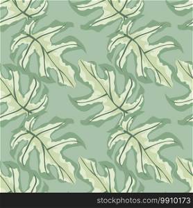 Pastel tones seamless doodle pattern with monstera ornament. Tropical leaves silhouettes with light green exotic print. Backdrop for fabric design, textile print, wrapping, cover. Vector illustration. Pastel tones seamless doodle pattern with monstera ornament. Tropical leaves silhouettes with light green exotic print.