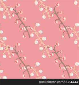 Pastel tones seamless pattern with botanic berry branches ornament. Pink background. Simple design. Designed for fabric design, textile print, wrapping, cover. Vector illustration. Pastel tones seamless pattern with botanic berry branches ornament. Pink background. Simple design.