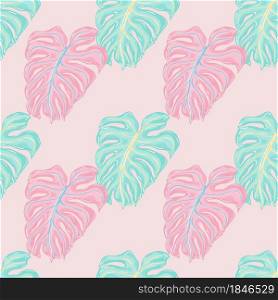 Pastel tones seamless pattern with pink and blue outline monstera silhouettes print. Pastel background. Decorative backdrop for fabric design, textile print, wrapping, cover. Vector illustration.. Pastel tones seamless pattern with pink and blue outline monstera silhouettes print. Pastel background.