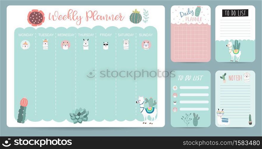 Pastel weekly calendar planner with llama,alpaca,cactus.Can use for printable,scrapbook,diary