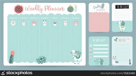 Pastel weekly calendar planner with llama,alpaca,cactus.Can use for printable,scrapbook,diary