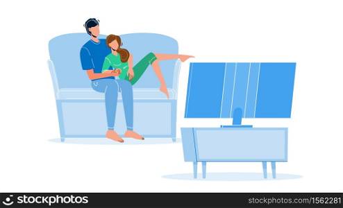 Pastime Couple Family Watching Tv Together Vector. Young Man And Woman Sitting On Couch And Watch Television Electronic Device, Passive Pastime. Characters Leisure Time Flat Cartoon Illustration. Pastime Couple Family Watching Tv Together Vector