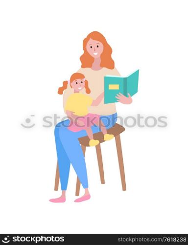 Pastime of family vector, isolated woman reading to child, fairy tales time, flat style. Mother with daughter lectures, parental care and childcare. Mother Reading Fairy Tales to Child Daughter and Mom
