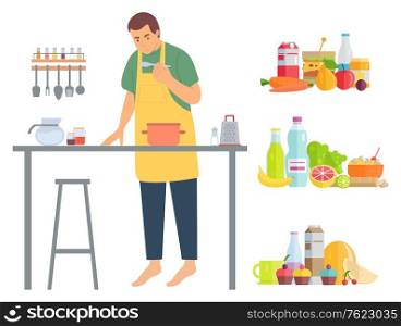 Pastime of man vector, isolated male wearing apron on pastime preparing food and dishes. . Man at home cooking lunch vector. Hobby of Man, Male Cooking Food in Kitchen Vector