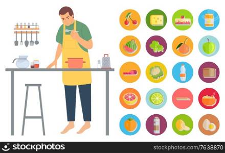 Pastime of man vector, isolated male wearing apron on pastime preparing food and dishes. Culinary art Cheese and cherry, apple and burger broccoli. Man at home cooking lunch. Hobby of Man, Male Cooking Food in Kitchen Vector