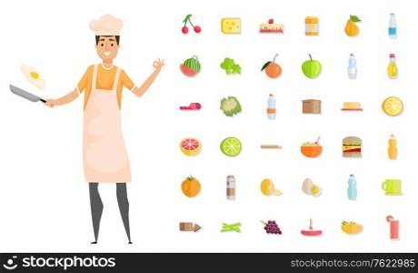 Pastime of man with frying pan vector, male hobby culinary art. Cherry and apple, peach and strawberry, broccoli and lime, lemon and vegetables set. Man Cooking Dishes, Chef Hobby Leisure Time