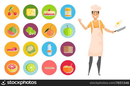 Pastime of man with frying pan vector, male hobby culinary art. Cherry and apple, peach and strawberry, broccoli and lime, lemon and vegetables set. Man Cooking Dishes, Chef Hobby Leisure Time