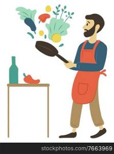 Pastime of person vector, isolated male with frying pan and vegetables. Veggies on table, sweet pepper and salad leaves, hobby of man leisure preparation. Cooking Man, Culinary Hobby of Person Leisure
