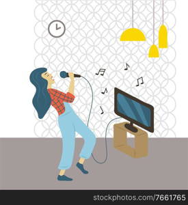 Pastime of woman vector, character holding microphone and singing. Lady standing by television, notes and interior of home, leisure time hobby music. Singing Woman, Vocalist Hobby of Lady Pastime