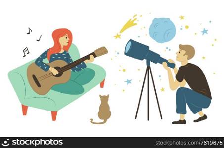 Pastime vector, isolated man and woman at home playing guitar. Hobby of person looking through telescope, male discovering planets and stars interest. Guitarist Woman Astronomy Hobby, Pastime Vector