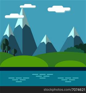 Pastoral landscape with mountains and trees. Summer outdoor meadow scene, vector illustration. Pastoral landscape with mountains and trees