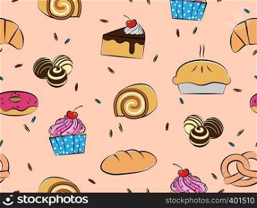 Pastries and desserts seamless pattern, Hand-drawn style, Vector illustration