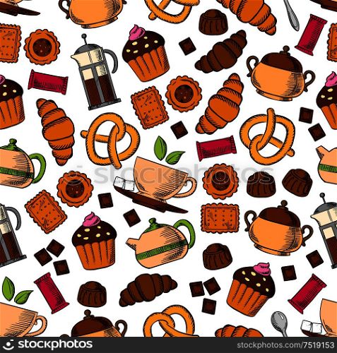 Pastries and sweets with tea drinks seamless background with pattern of tea cup, cupcake, croissant, chocolate, cookie, candy, pretzel, tea pot and sugar bowl. Pastries, sweets with tea drinks seamless pattern