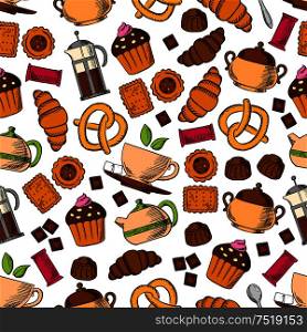 Pastries and sweets with tea drinks seamless background with pattern of tea cup, cupcake, croissant, chocolate, cookie, candy, pretzel, tea pot and sugar bowl. Pastries, sweets with tea drinks seamless pattern