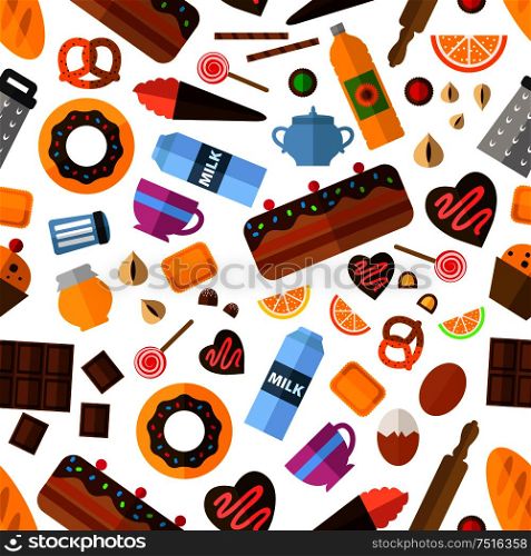 Pastry and bakery seamless pattern with various cakes and cupcakes, pie and candy, snacks and honey, baking ingredients and kitchen utensil. Pastry and bakery seamless pattern