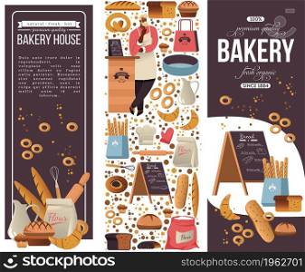 Pastry and confectionery in bakery house, man standing by counter selling baguette, bread and cookies. Premium quality food and ingredients. Cafe or restaurant meal in menu. Vector in flat style. Bakery house, baker with fresh pastry products