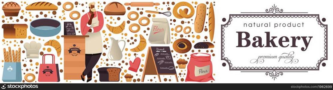Pastry and confectionery in bakery shop of premium quality. Baker with apron standing by counter, custom orders for baking bread, baguette and cookies or sweet crunchy snacks. Vector in flat style. Bakery shop of premium quality, tasty baked pastry
