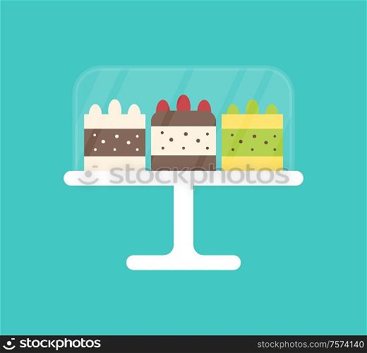 Pastry bakery with fruits vector isolated icon. Cakes with strawberries, delicious cupcake selling in bakery store. Snack with creamy top, layers biscuit. Cakes with Berries on Top, Sweet Bakery on Plate