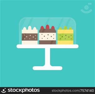 Pastry bakery with fruits vector isolated icon. Cakes with strawberries, delicious cupcake selling in bakery store. Snack with creamy top, layers biscuit. Cakes with Berries on Top, Sweet Bakery on Plate