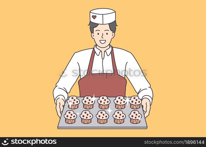 Pastry baking worker with cupcakes tray. Vector concept illustration of desserts baker serving sweet muffins.. Pastry baking worker with cupcakes tray.