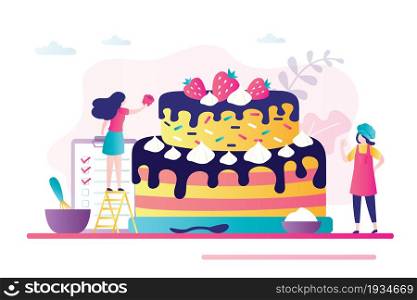 Pastry chef decorated with berries big cake. Female characters engaged in confectionery business. Concept of sweets production,confectionery tools and dessert. Woman in uniform. Vector illustration. Pastry chef decorated with berries big cake. Female characters engaged in confectionery business. Concept of sweets production,confectionery tools and dessert