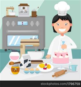 pastry chef decorates a cake.illustration,vector