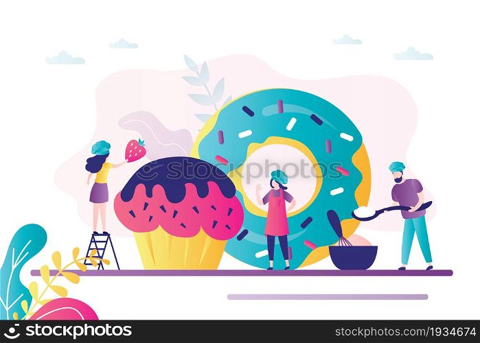 Pastry chef decorating cupcake with strawberries. Confectioner holds spoon filled with cream or sugar. Huge donut on background. Sweets production. Banner in trendy style. Flat vector illustration. Pastry chef decorating cupcake with strawberries. Confectioner holds spoon filled with cream or sugar. Huge donut on background