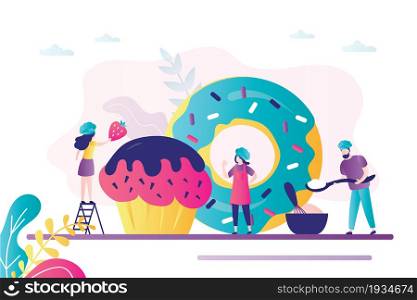 Pastry chef decorating cupcake with strawberries. Confectioner holds spoon filled with cream or sugar. Huge donut on background. Sweets production. Banner in trendy style. Flat vector illustration. Pastry chef decorating cupcake with strawberries. Confectioner holds spoon filled with cream or sugar. Huge donut on background