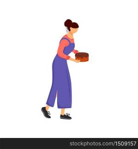 Pastry chef, woman with cake flat color vector faceless character. Sweet bakery cooking, confectionary preparation isolated cartoon illustration for web graphic design and animation