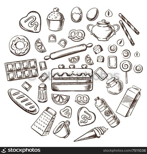 Pastry, dessert and bakery with various breads, cakes, baking ingredients and kitchen utensil. Sketched vector objects. Pastry, dessert and bakery sketch icons
